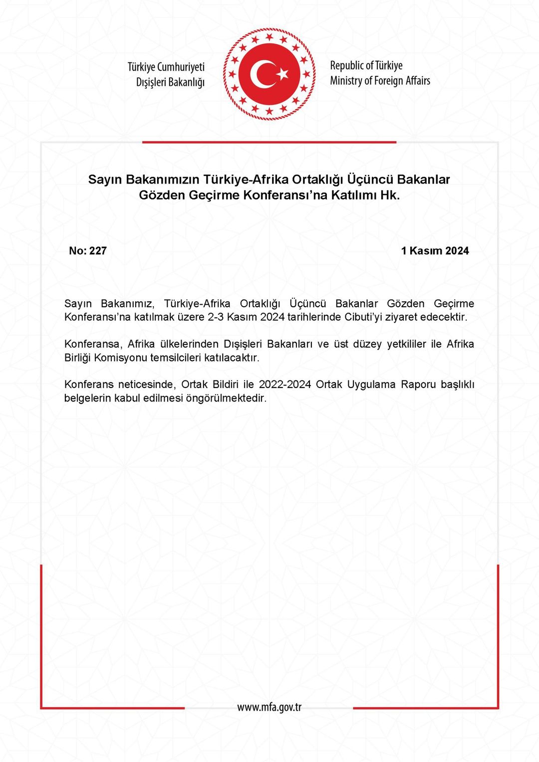 Dışişleri Bakanı, Türkiye-Afrika Ortaklığı Üçüncü Bakanlar Gözden Geçirme Konferansı'na Katıldı