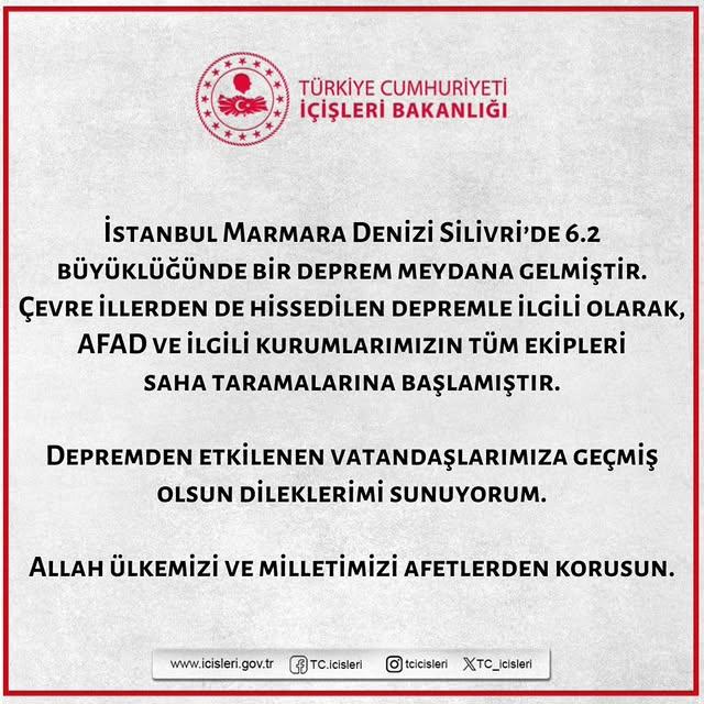 Marmara Denizi'nde 6.2 Büyüklüğünde Deprem