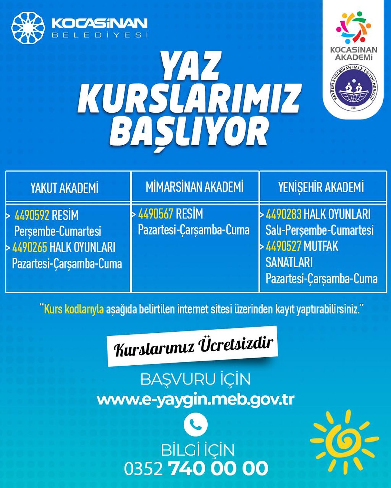 Kayseri Kocasinan Belediyesi Yaz Dönemi Kursları Kayıtları Başladı