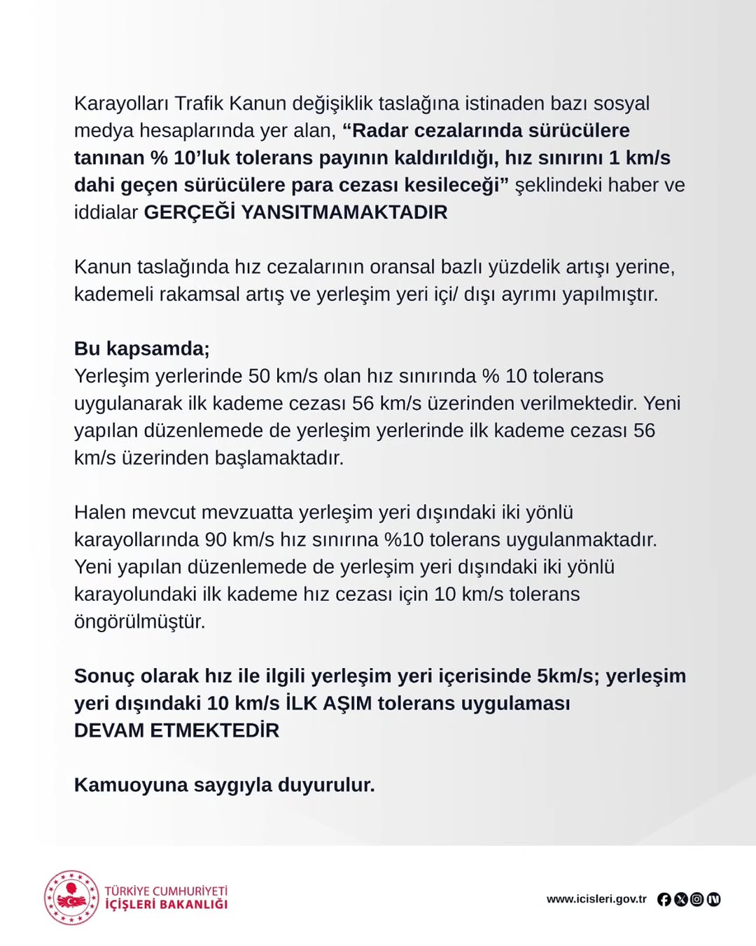 Radar Cezalarında Tolerans Payı Kaldırılmadı: İçişleri Bakanlığı Açıklama Yaptı