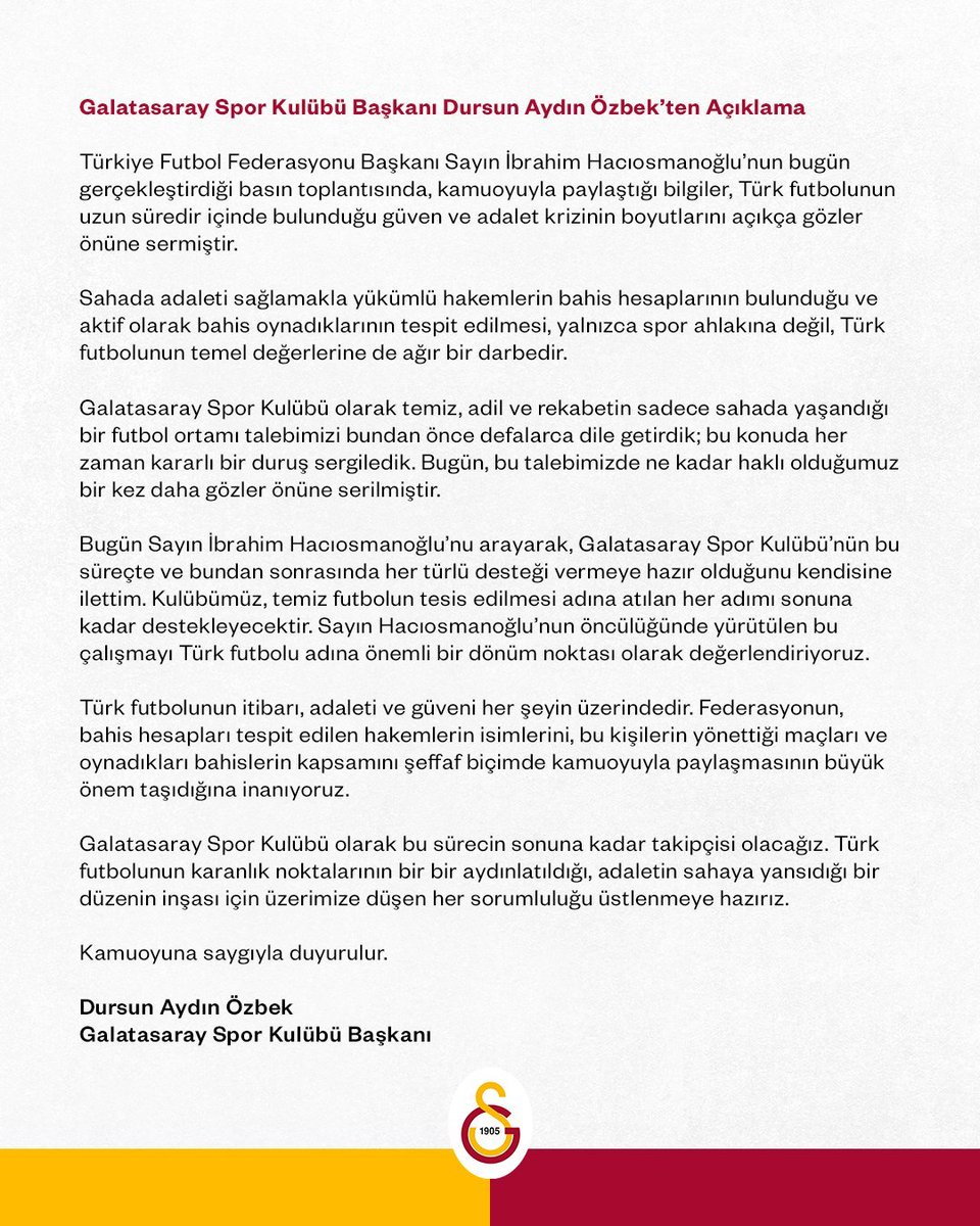 Galatasaray'dan Hakem Performansları İçin Şeffaflık Çağrısı