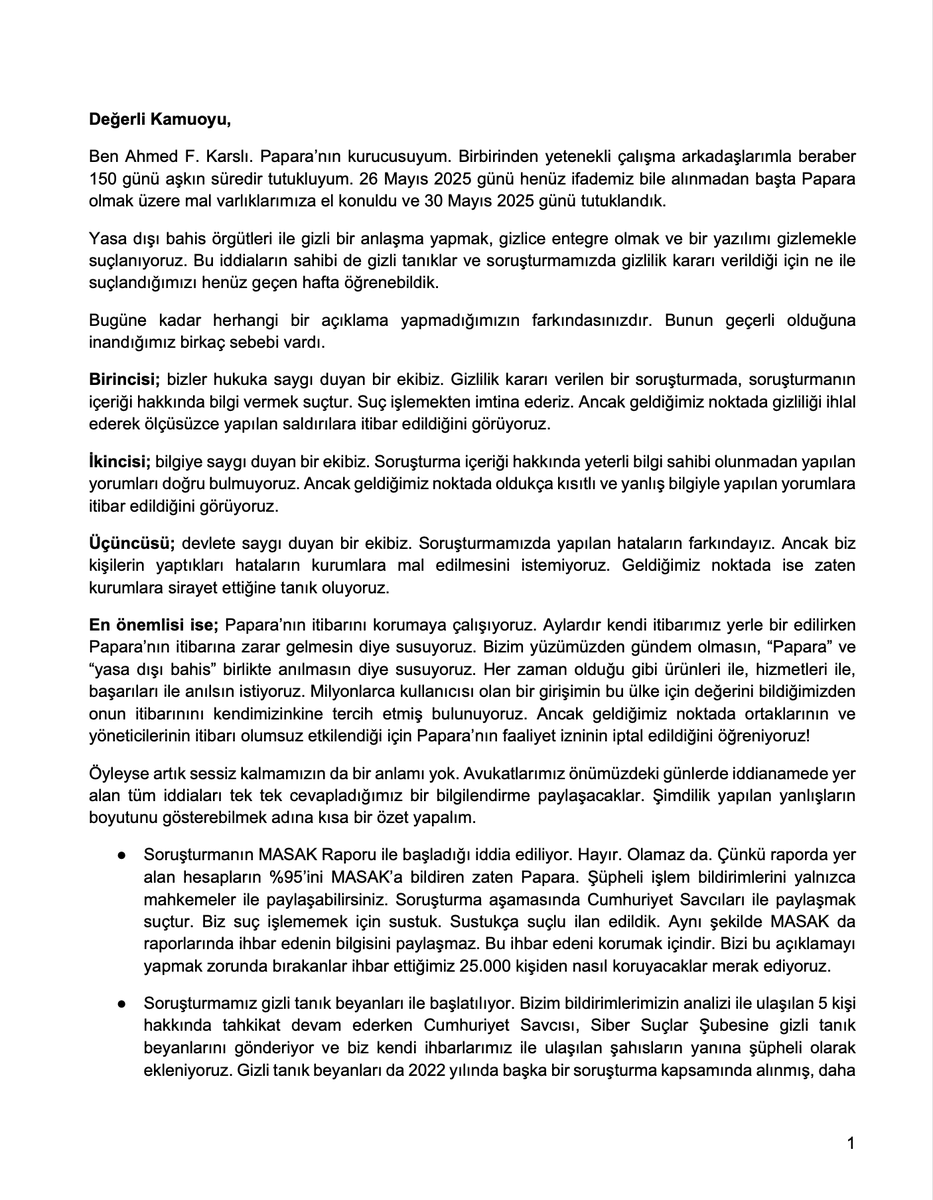Papara Kurucusu Ahmed F. Karslı'dan Kamuoyuna Açıklama: Yasa Dışı Bahis İddialarına Cevap