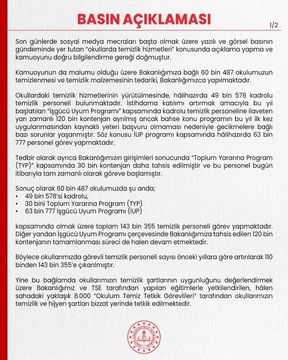 Milli Eğitim Bakanlığı'ndan Temizlik Hizmetleriyle İlgili Açıklama