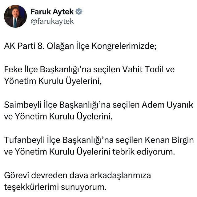 AK Parti Adana Milletvekili Faruk Aytek, İlçe Kongreleri Sonrası Yeni İlçe Başkanlarını Tebrik Etti