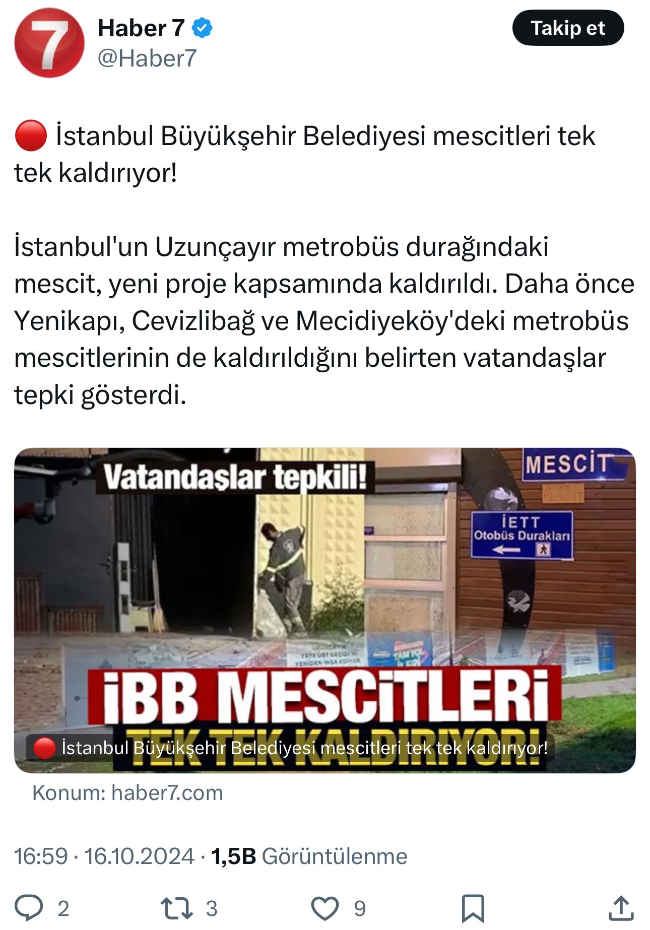 İstanbul Büyükşehir Belediyesi'nden Mescitlerle İlgili Açıklama