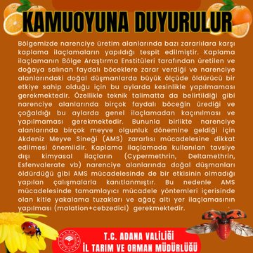 Adana İl Tarım ve Orman Müdürlüğü'nden Narenciye Alanlarında İlaçlama Uyarısı