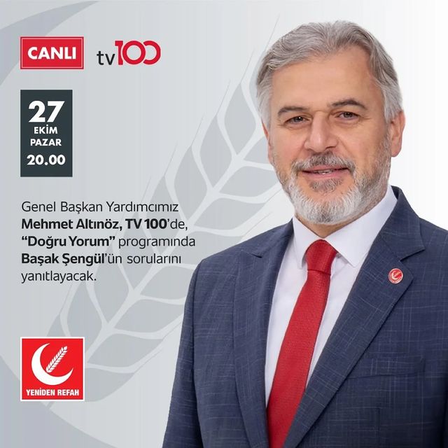 Yeniden Refah Partisi Genel Başkan Yardımcısı Mehmet Altınöz Televizyon Programında Konuşacak