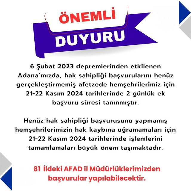 Adana'da 6 Şubat 2023 Depremleri İçin Ek Başvuru Süresi Tanındı