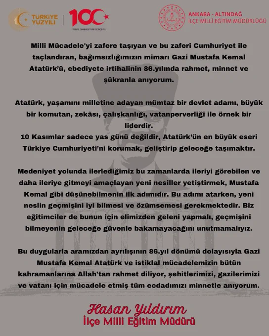 11 Kasım'da Mustafa Kemal Atatürk'ün Anma Günü