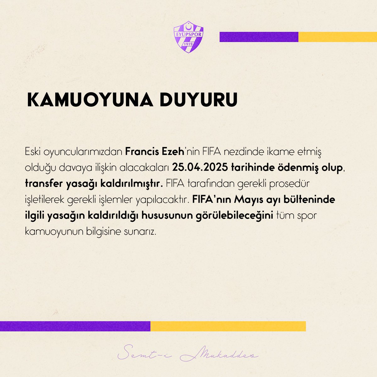 Eyüpspor'un Transfer Yasağı Kalktı