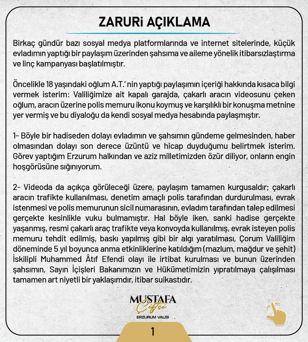 Erzurum Valisi Çiftçi, Oğlu Hakkında Yapılan Paylaşımlara İlişkin Açıklama Yaptı