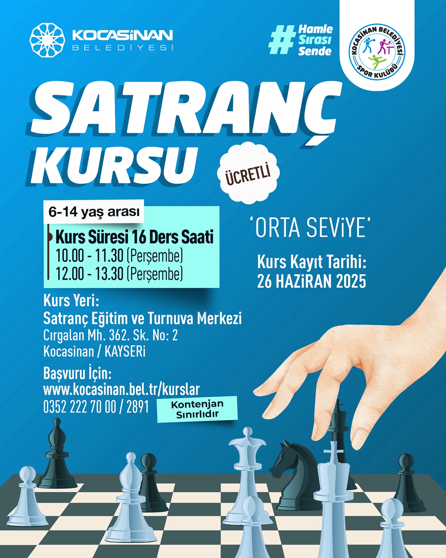 Kocasinan Belediyesi'nden Çocuklara Satranç Kursu İmkanı