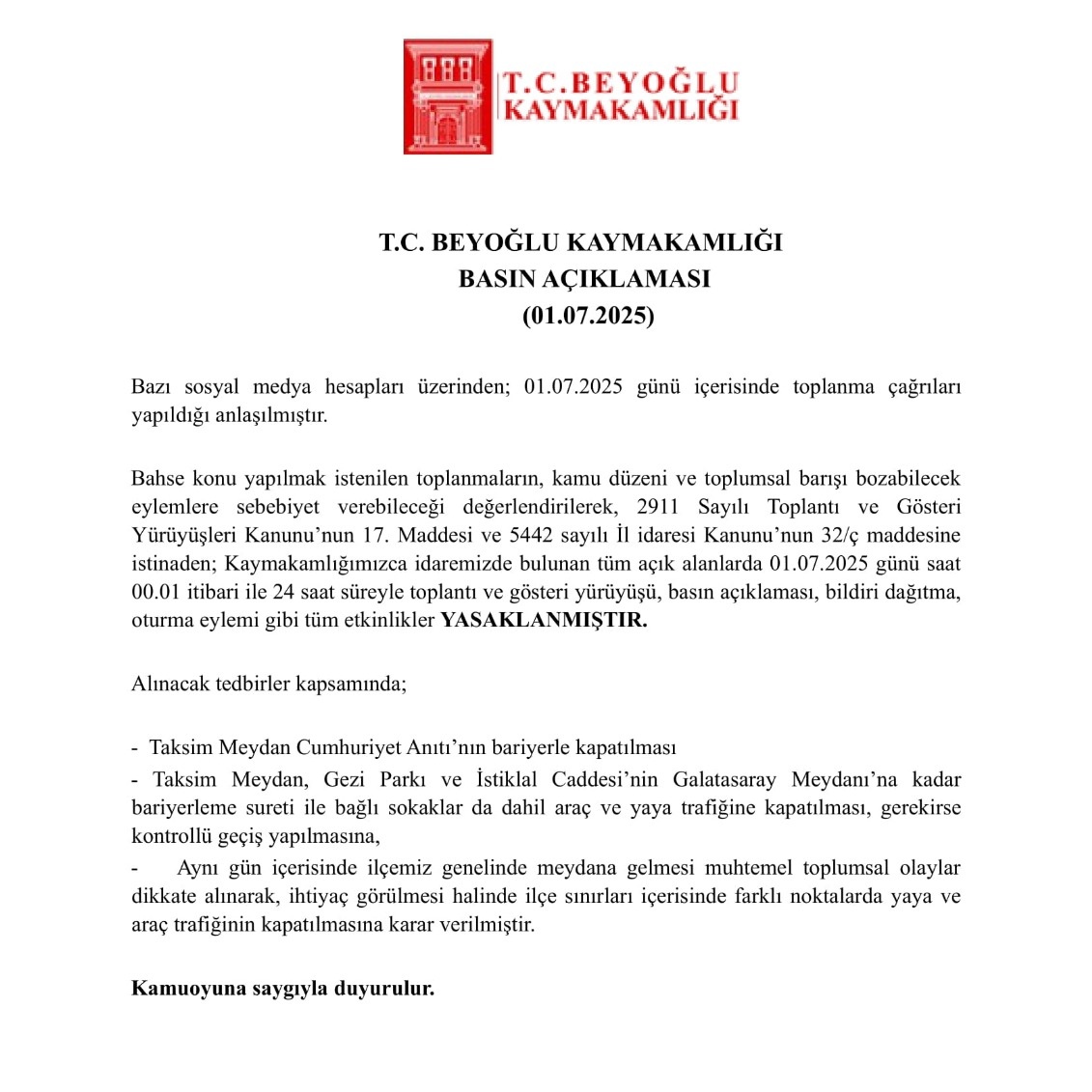 Beyoğlu'nda Toplantı ve Yürüyüş Yasaklaması