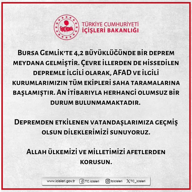 Bursa Gemlik'te 4.2 Büyüklüğünde Deprem Meydana Geldi
