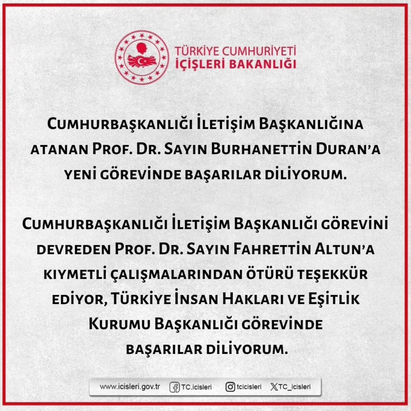 Cumhurbaşkanlığı İletişim Başkanlığı'nda Görev Değişimi: Burhanettin Duran Yeni Başkan, Fahrettin Altun İnsan Hakları Kurumu'na Geçti