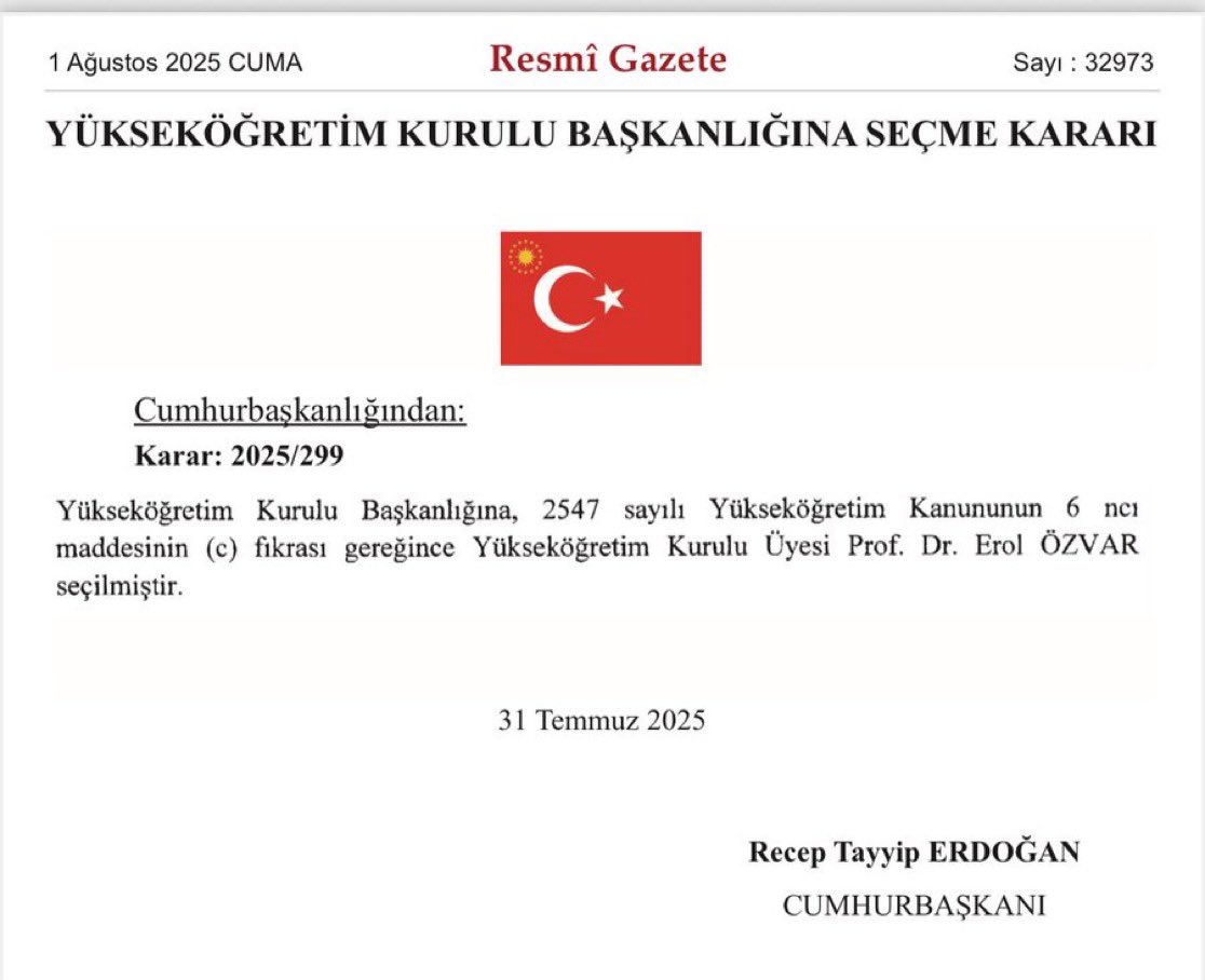 Yükseköğretim Kurulu'na Erol Özvar'dan Tekrar Başbakanlık Ataması