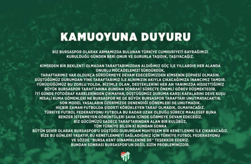 Bursaspor: “Bursaspor’u düştüğü durumdan muhteşem bir kenetlenme ile çıkaracağız”
