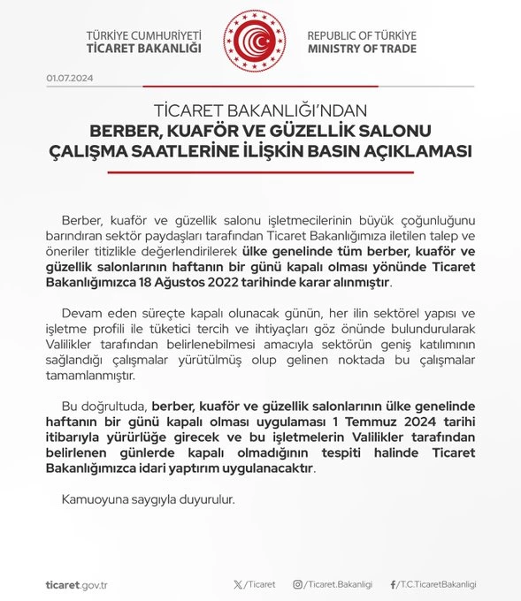 Ticaret Bakanı Açıklama Yaptı: Berber, Kuaför ve Güzellik Salonlarının Çalışma Saatleri Düzenlendi